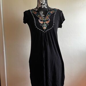 Design History Black Top with Embroidered Multicolor Neckline